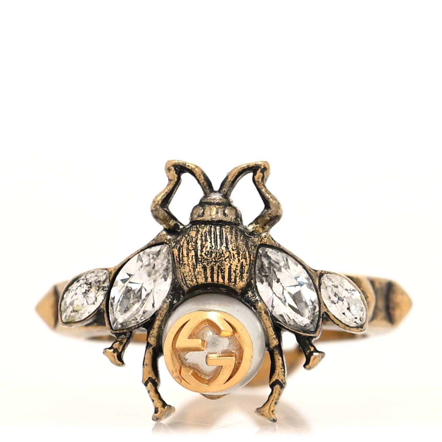 Metal Crystal Pearl Bee Ring S Aged Gold