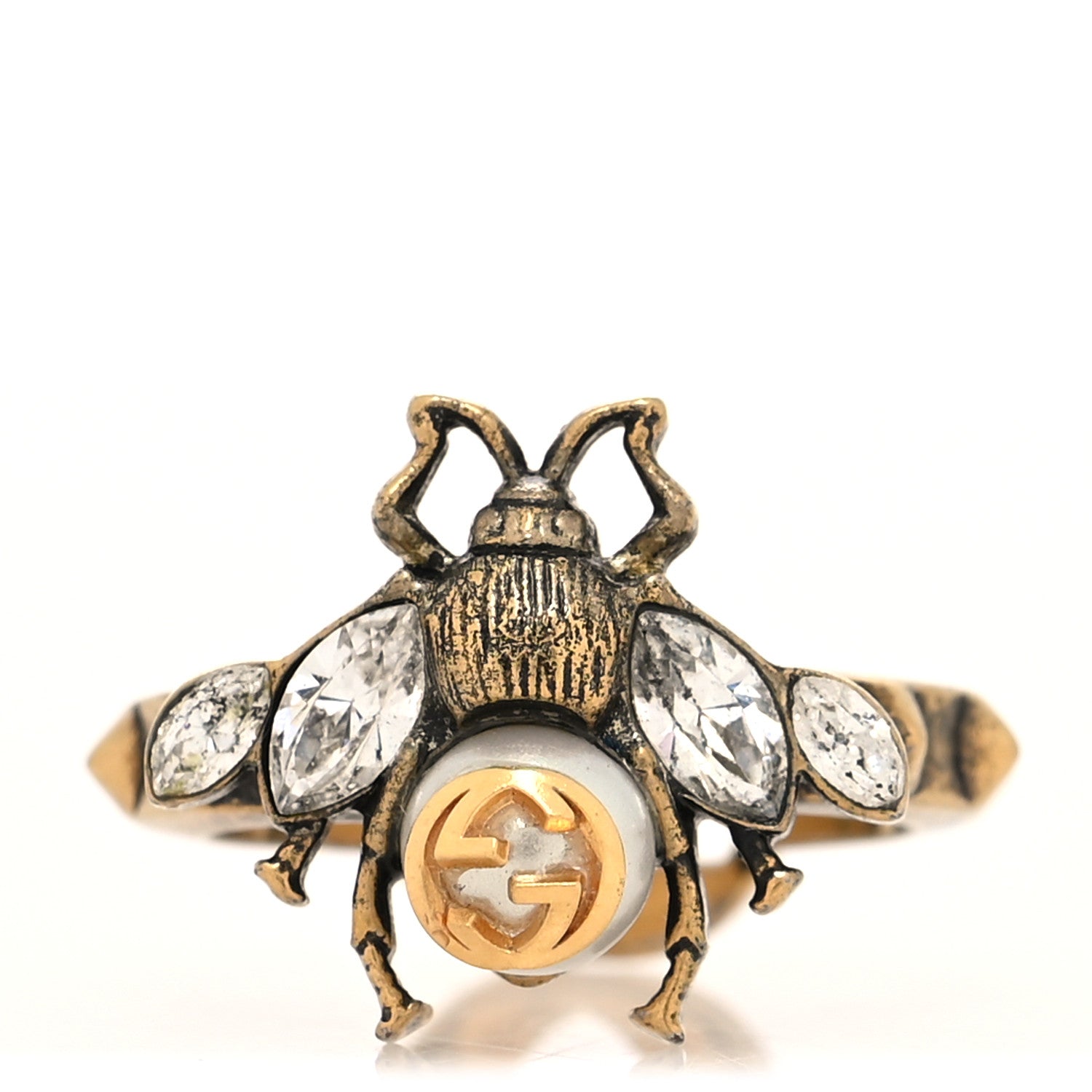 Gucci Metal Crystal Pearl Bee Ring S Aged Gold 1 of 4