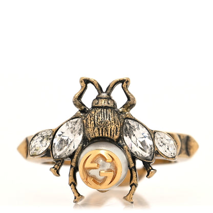 Gucci Metal Crystal Pearl Bee Ring S Aged Gold 1 of 4