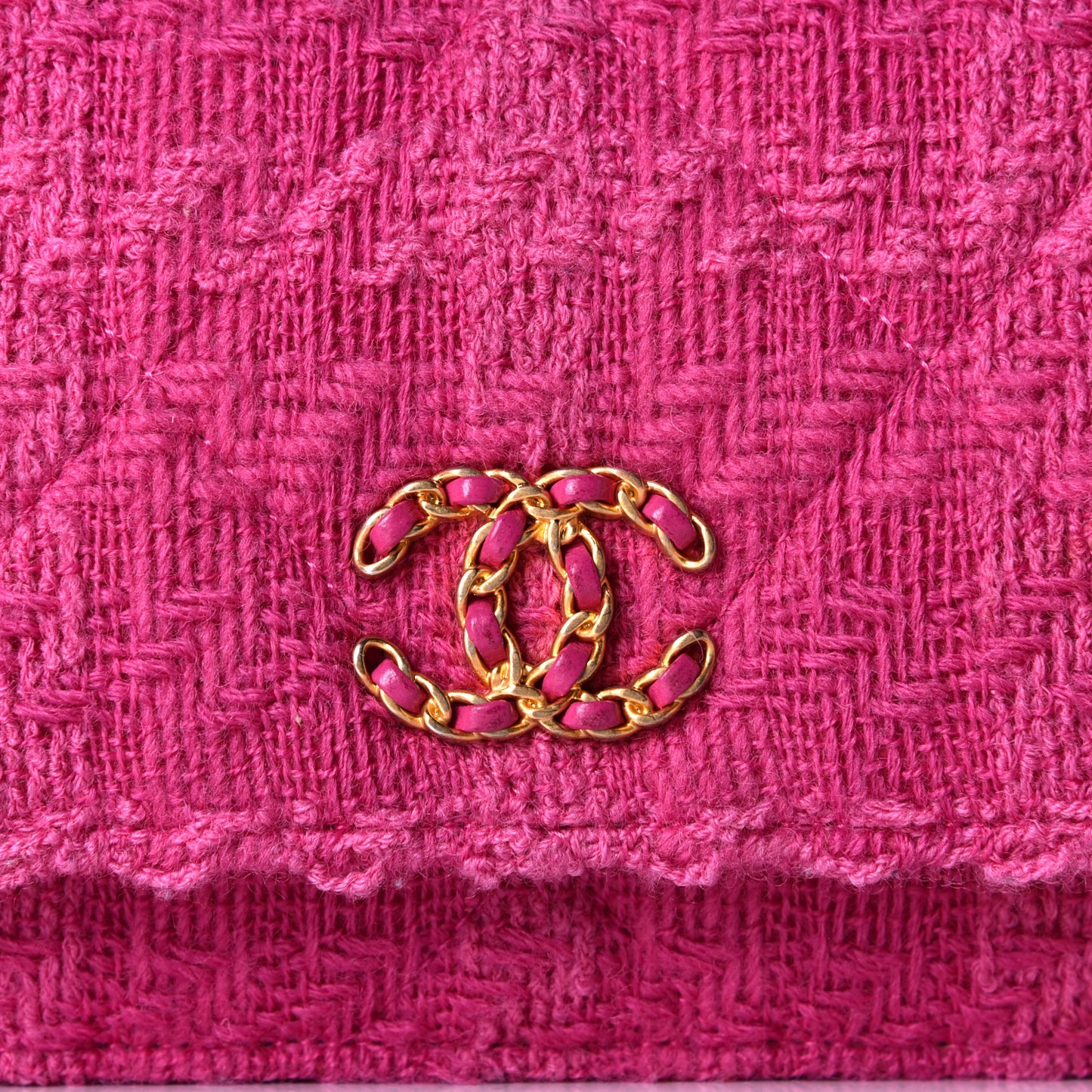 Wool Tweed Lambskin Quilted Chanel 19 Wallet On Chain WOC Fuchsia