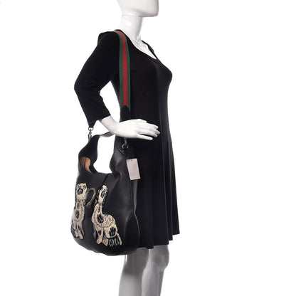 Gucci Calfskin Web Dog Embroidered Large Dionysus Hobo Black 3 of 10