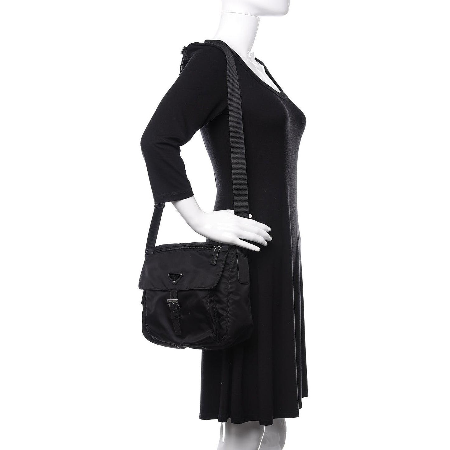 Nylon Vela Saffiano Single Buckle Messenger Shoulder Bag Black