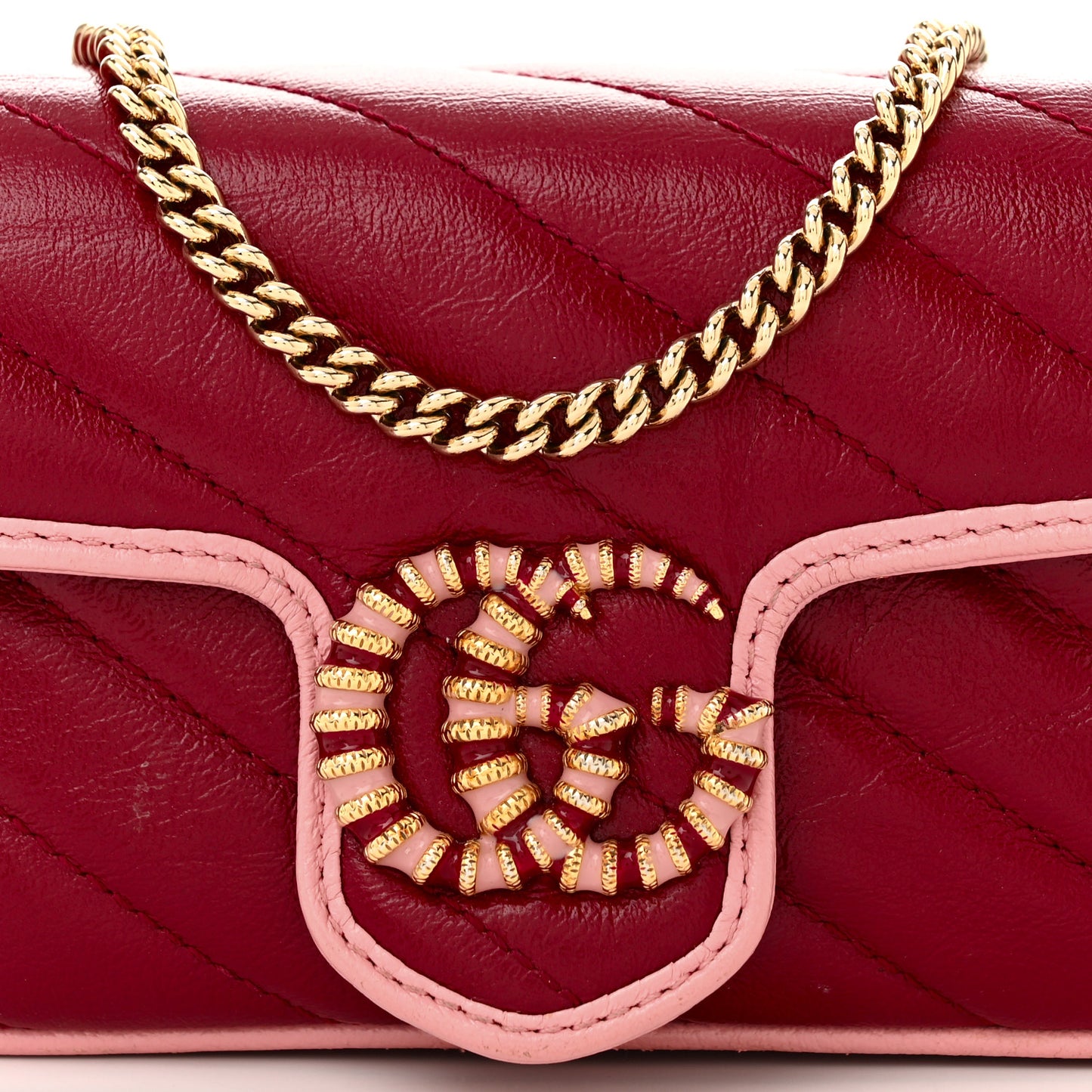 Azalea Calfskin Enamel Matelasse Diagonal Super Mini Torchon GG Marmont Shoulder Bag New Cherry Red Wild Rose