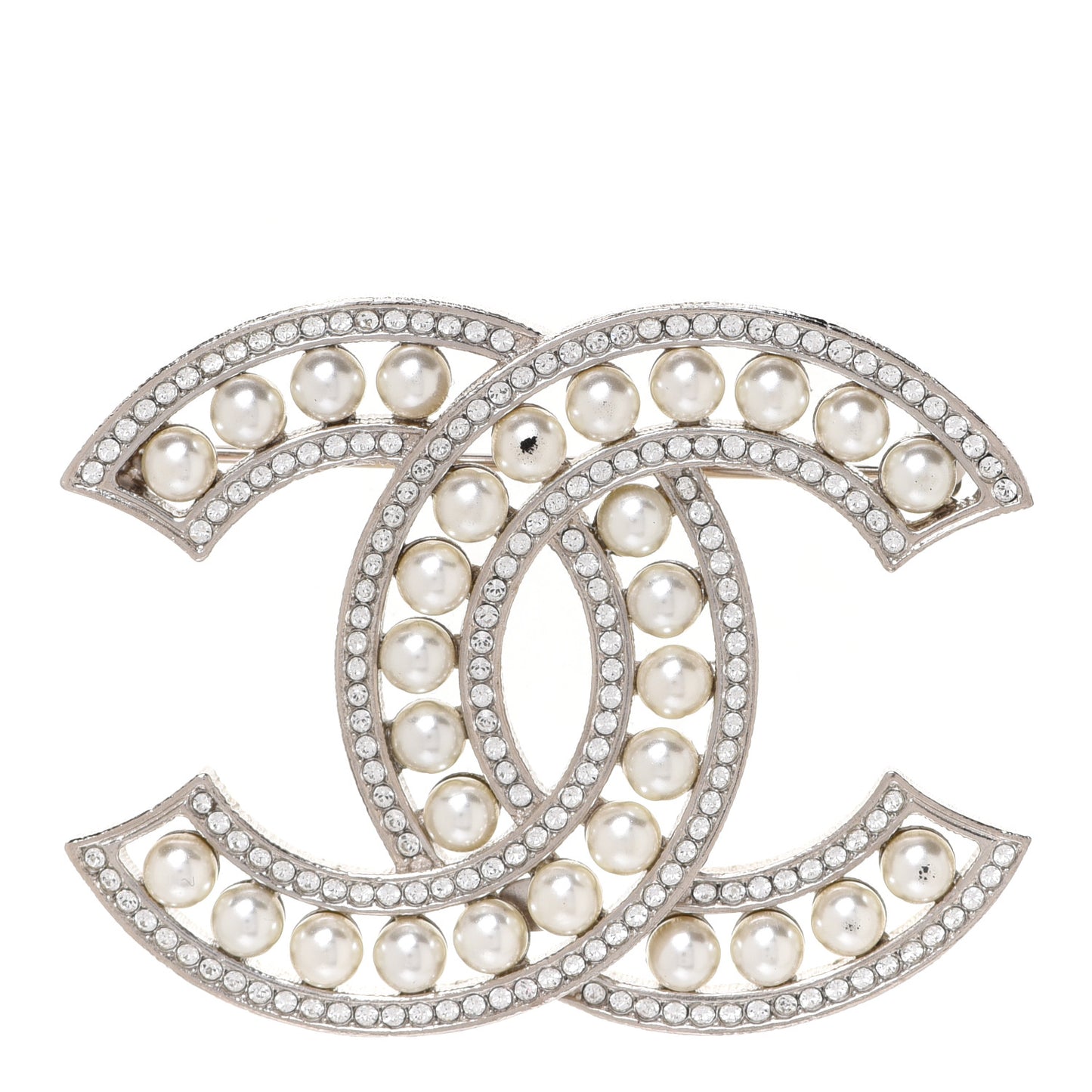 Pearl Crystal CC Brooch Silver