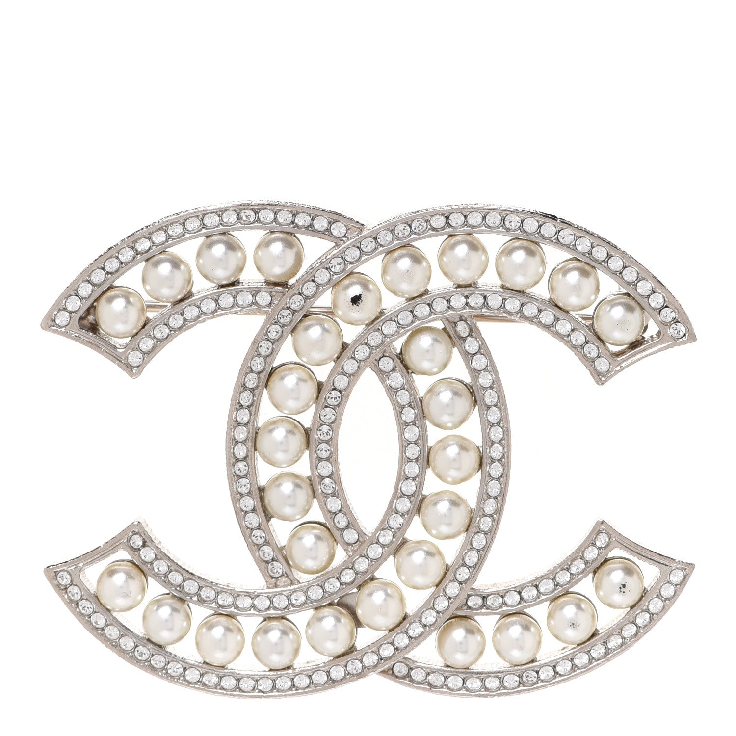 Chanel Pearl Crystal CC Brooch Silver 1 of 5