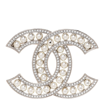 Chanel Pearl Crystal CC Brooch Silver 1 of 5