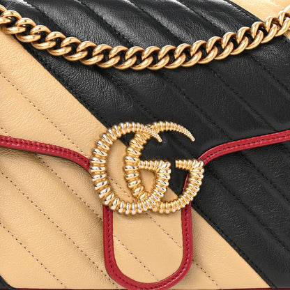Gucci Vintage Effect Calfskin Matelasse Diagonal Striped Small Torchon GG Marmont Shoulder Bag Black Beige 3 of 11