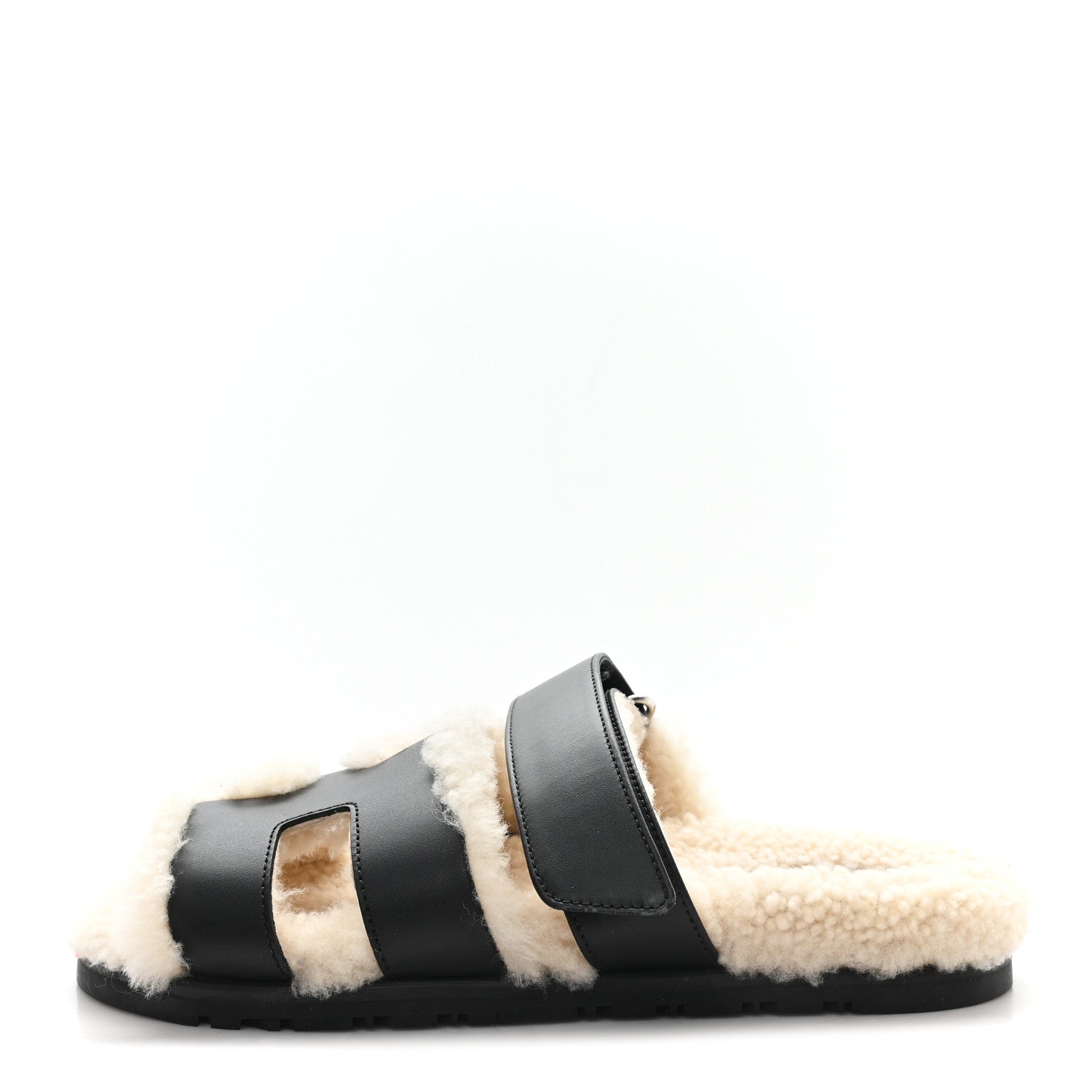 Hermes Calfskin Woolskin Womens Chypre Sandals 37.5 Black Ecru 1 of 8