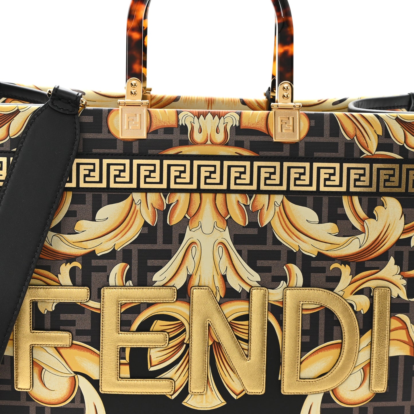 X VERSACE Calfskin Plexiglass Fendace FF Baroque Print Medium Fendi Sunshine Shopper Tote Black Gold