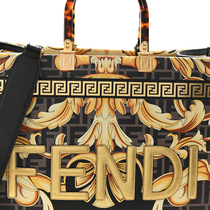 Fendi X VERSACE Calfskin Plexiglass Fendace FF Baroque Print Medium Fendi Sunshine Shopper Tote Black Gold 9 of 11