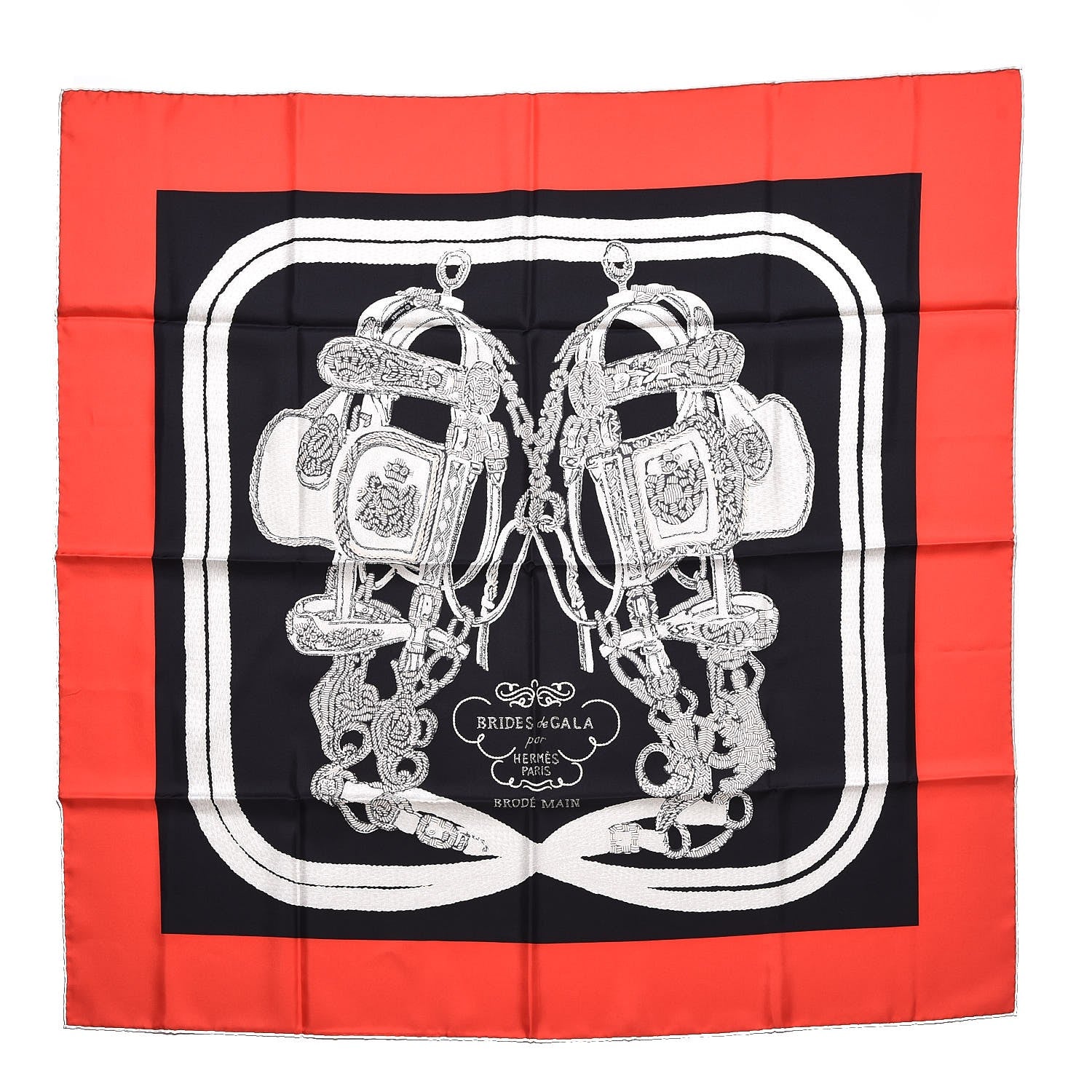 Hermes Silk Brides De Gala Brode Scarf 90 Rouge Vif Noir Creme 1 of 6