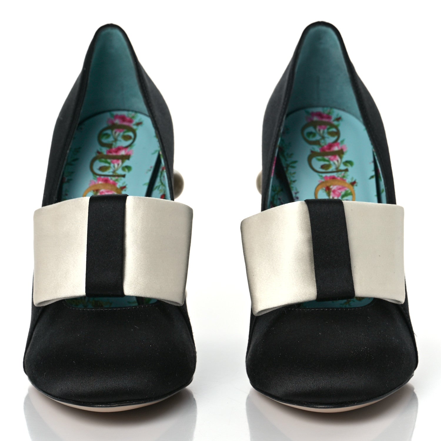 Gucci Silk Satin Pearl Studded Luna Bow Pumps 36 Black Gold 2 of 8