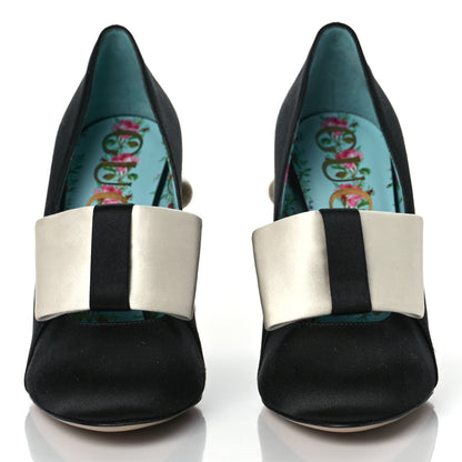 Gucci Silk Satin Pearl Studded Luna Bow Pumps 36 Black Gold 2 of 8
