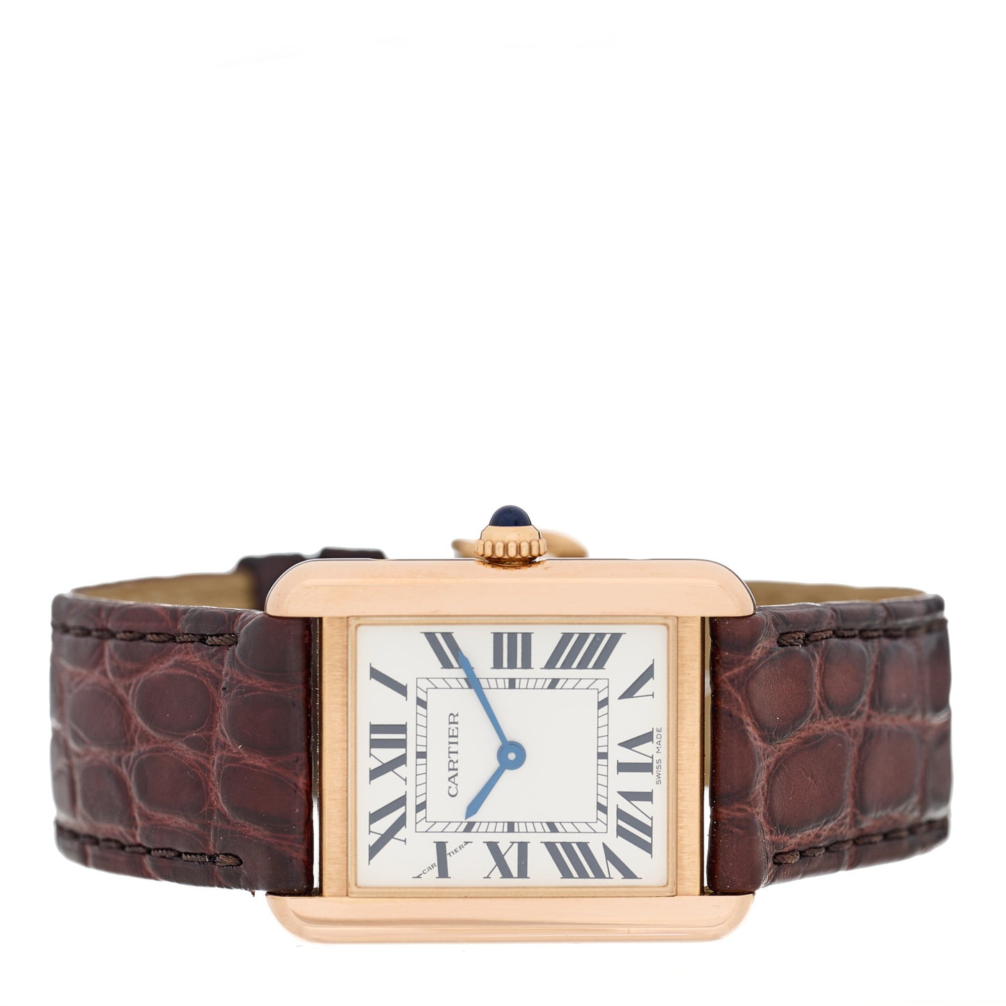 Stainless Steel 18K Pink Gold Alligator 24mm Tank Solo Quartz Watch Brown