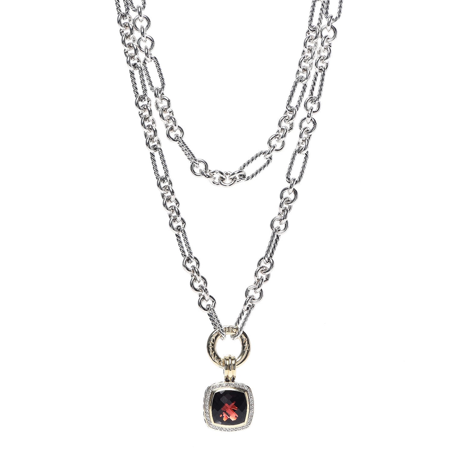 Sterling Silver 18K Yellow Gold Diamond Garnet 14mm Albion Figaro Chain Pendant Necklace