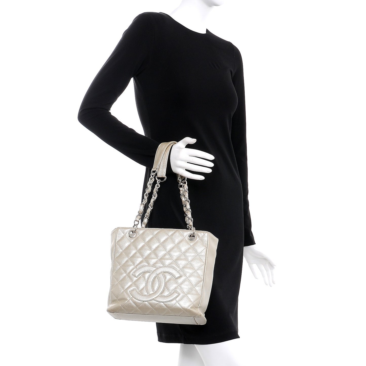 Metallic Caviar Quilted Petit Shopping Tote PST Pearl