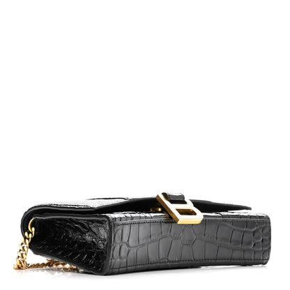 Balenciaga Shiny Calfskin Crocodile Embossed Hourglass Chain Bag Black 4 of 9
