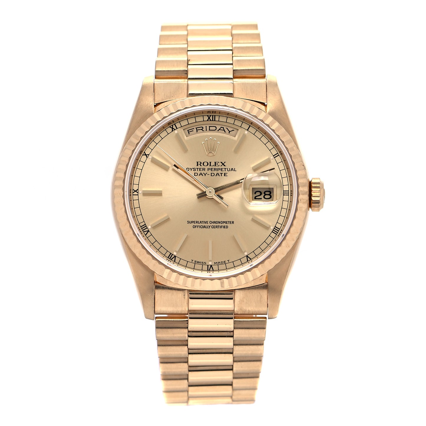 18K Yellow Gold 36mm Oyster Perpetual Day-Date President Watch Champagne 18238