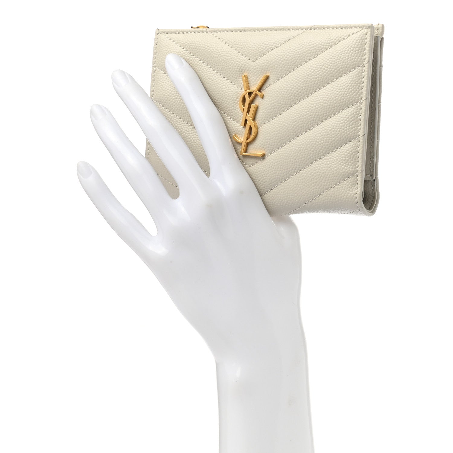 Saint Laurent Grain De Poudre Matelasse Chevron Monogram Zipped Card Case White 2 of 9