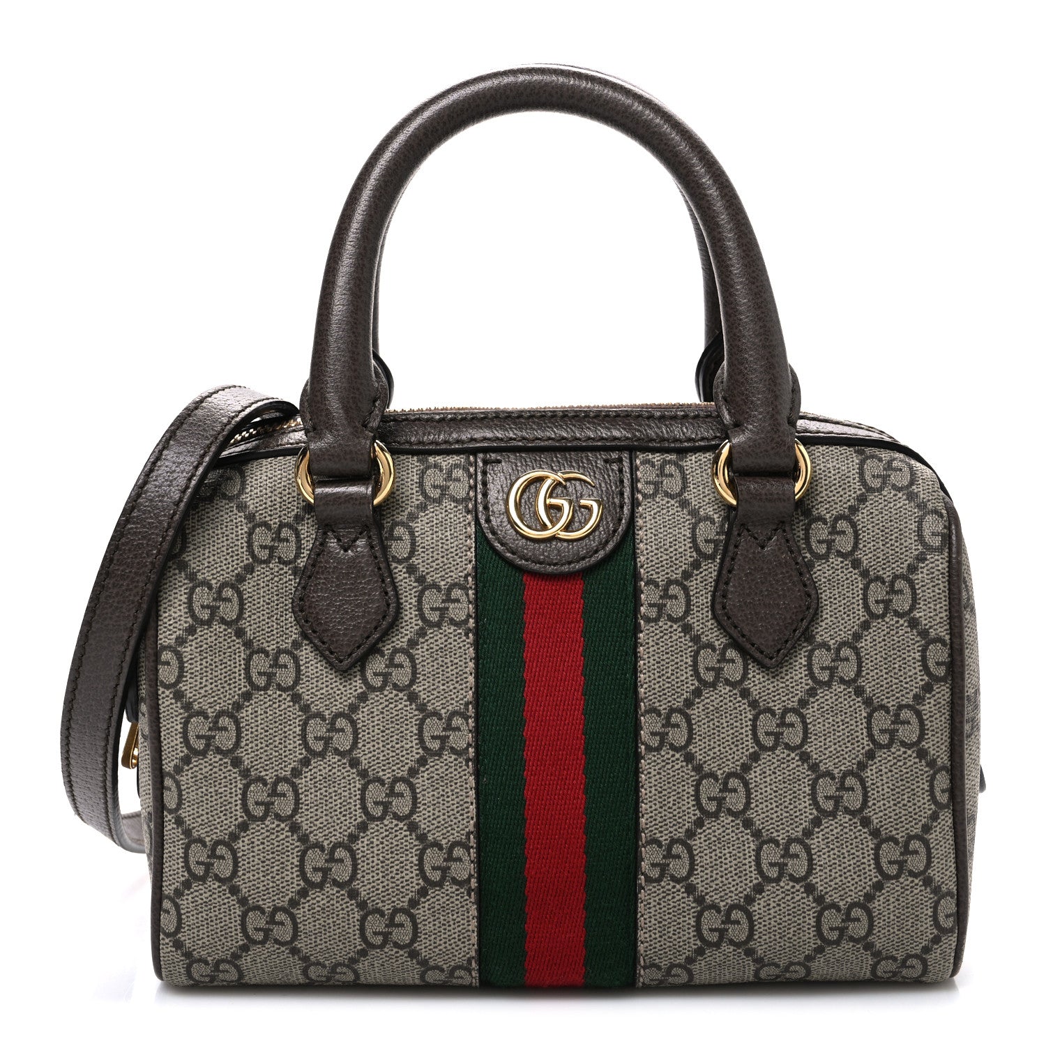 Gucci GG Supreme Monogram Textured Dollar Calfskin Web Mini Ophidia Top Handle Bag Beige Ebony New Acero 1 of 11