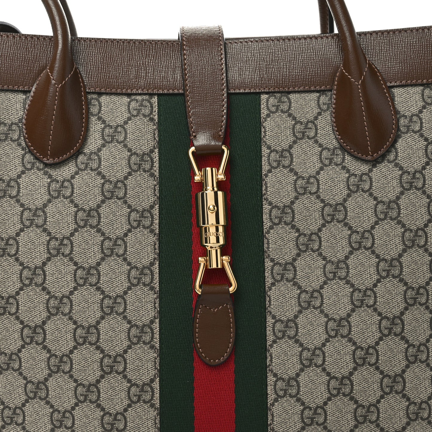 GG Supreme Monogram Azalea Calfskin Web Large Jackie 1961 Tote Beige Ebony Brown Sugar