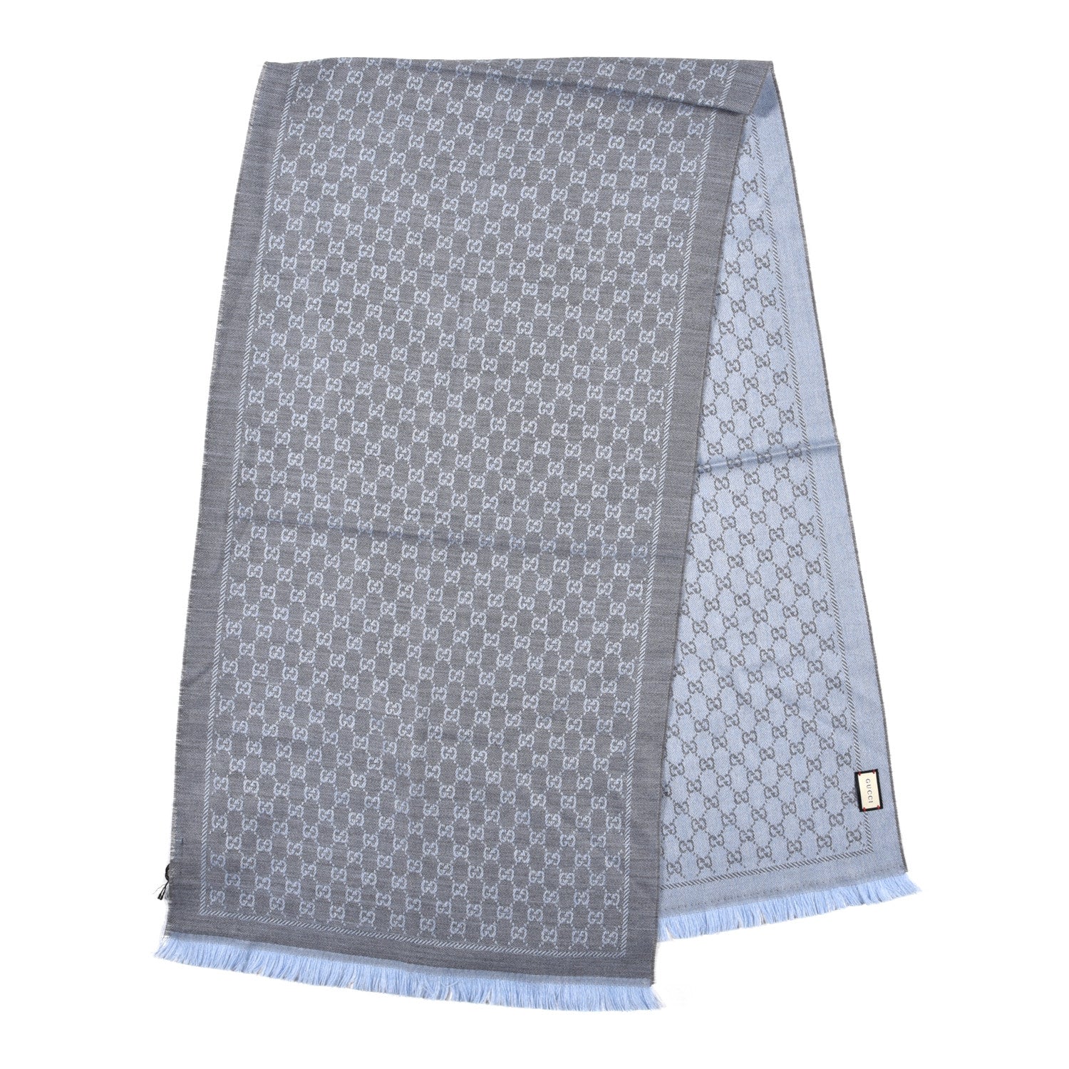 Gucci Wool GG Monogram Reversible New Sten Fringe Scarf Flannel Sky Blue 2 of 5