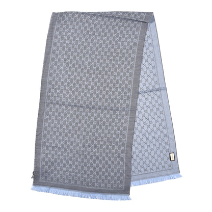 Gucci Wool GG Monogram Reversible New Sten Fringe Scarf Flannel Sky Blue 2 of 5