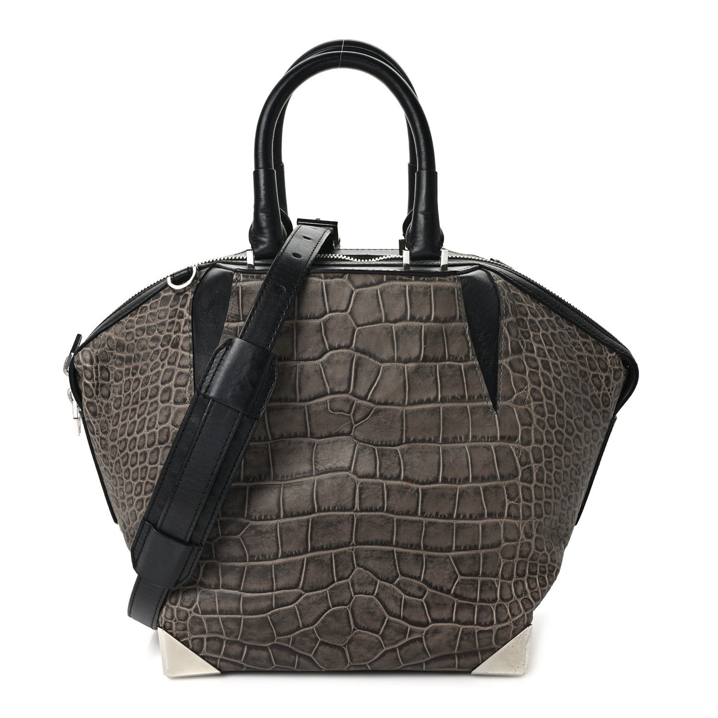 Crocodile Embossed Calfskin Small Emile Taupe Silver Hardware