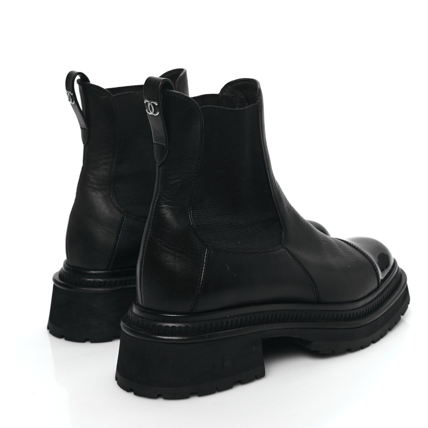 Grained Calfskin Patent Cap Toe CC Platform Ankle Boots 37.5 Black