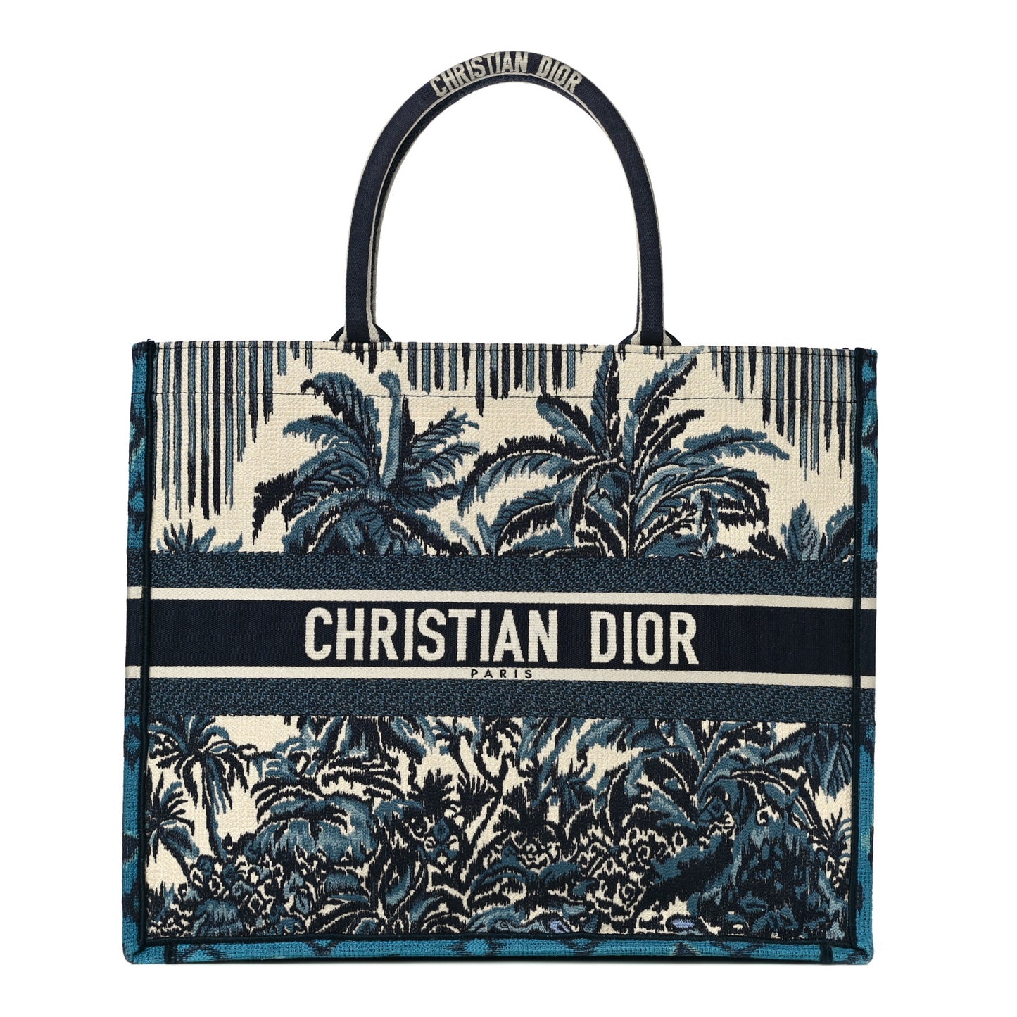 Canvas Embroidered Large Palm Tree Toile De Jouy Book Tote Blue Multicolor