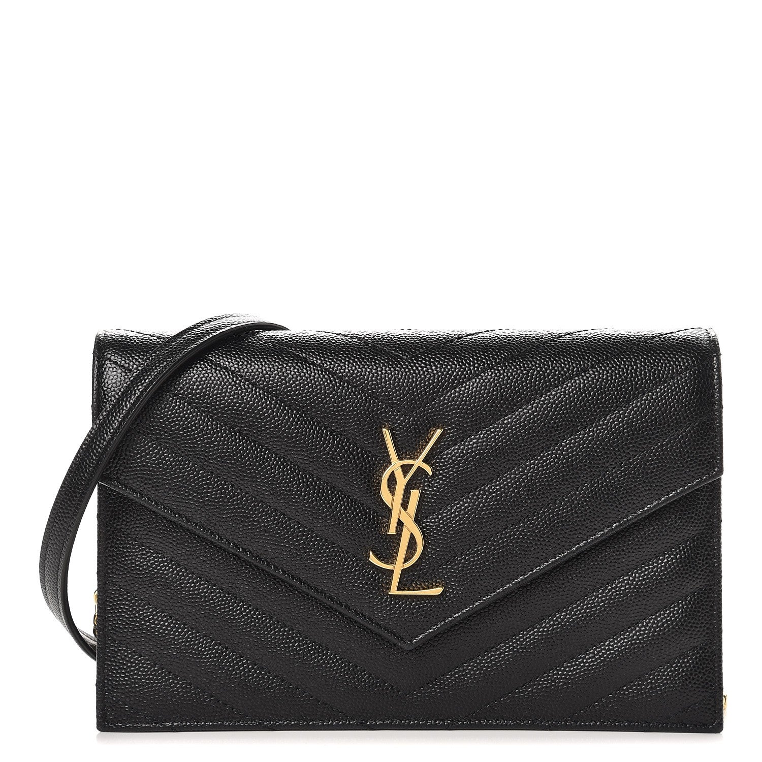 Saint Laurent Grain De Poudre Matelasse Chevron Monogram Envelope Chain Wallet Black 1 of 7