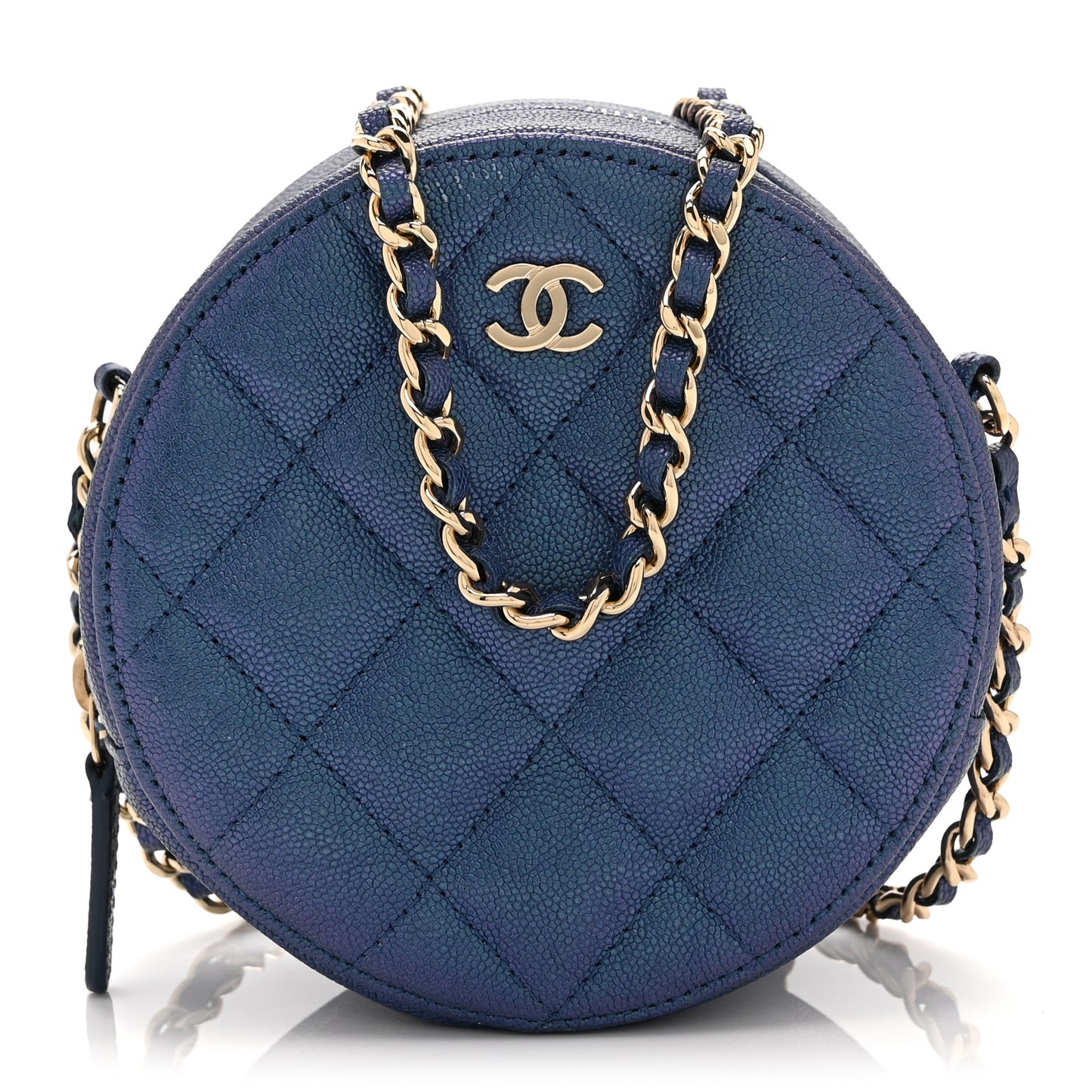 Iridescent Caviar Quilted Round Clutch With Chain Blue