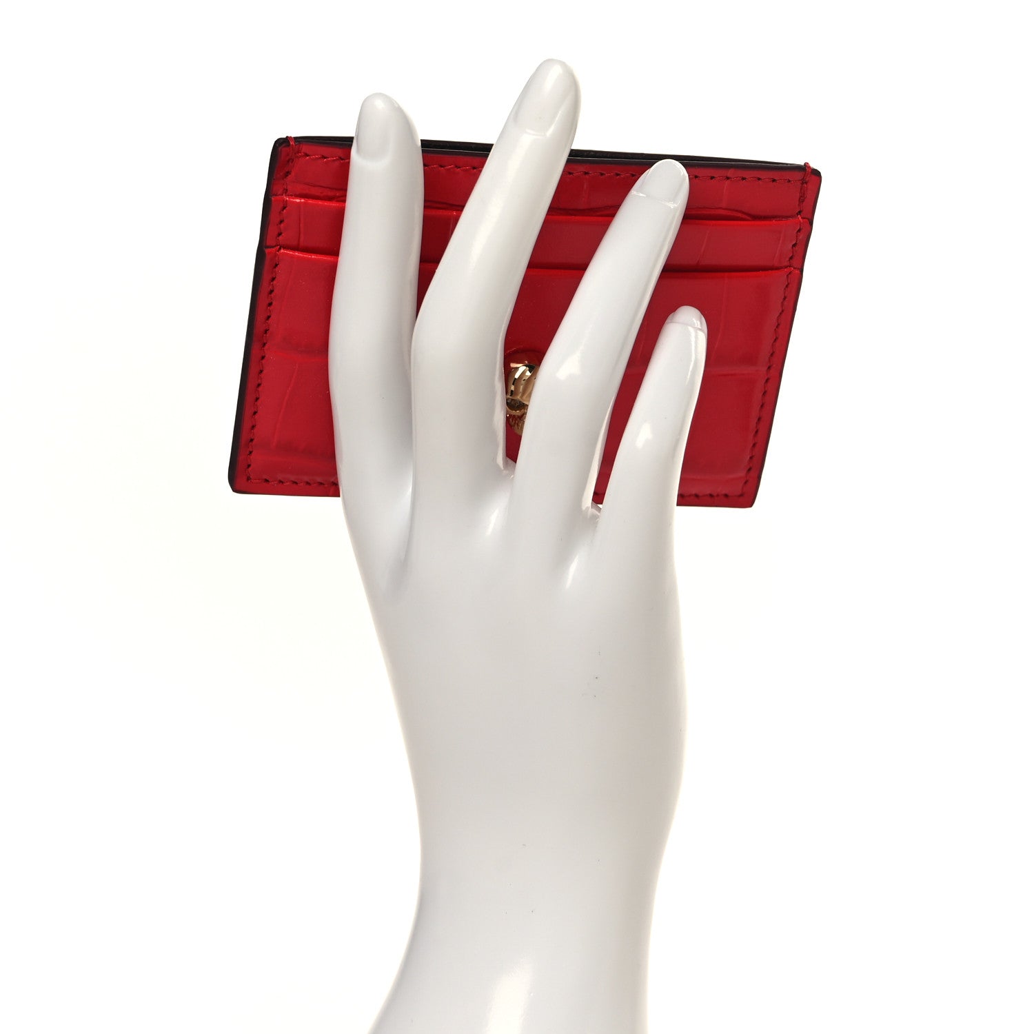 Alexander McQueen Calfskin Crocodile Embossed Skull Card Holder Scarlet Red 2 of 8