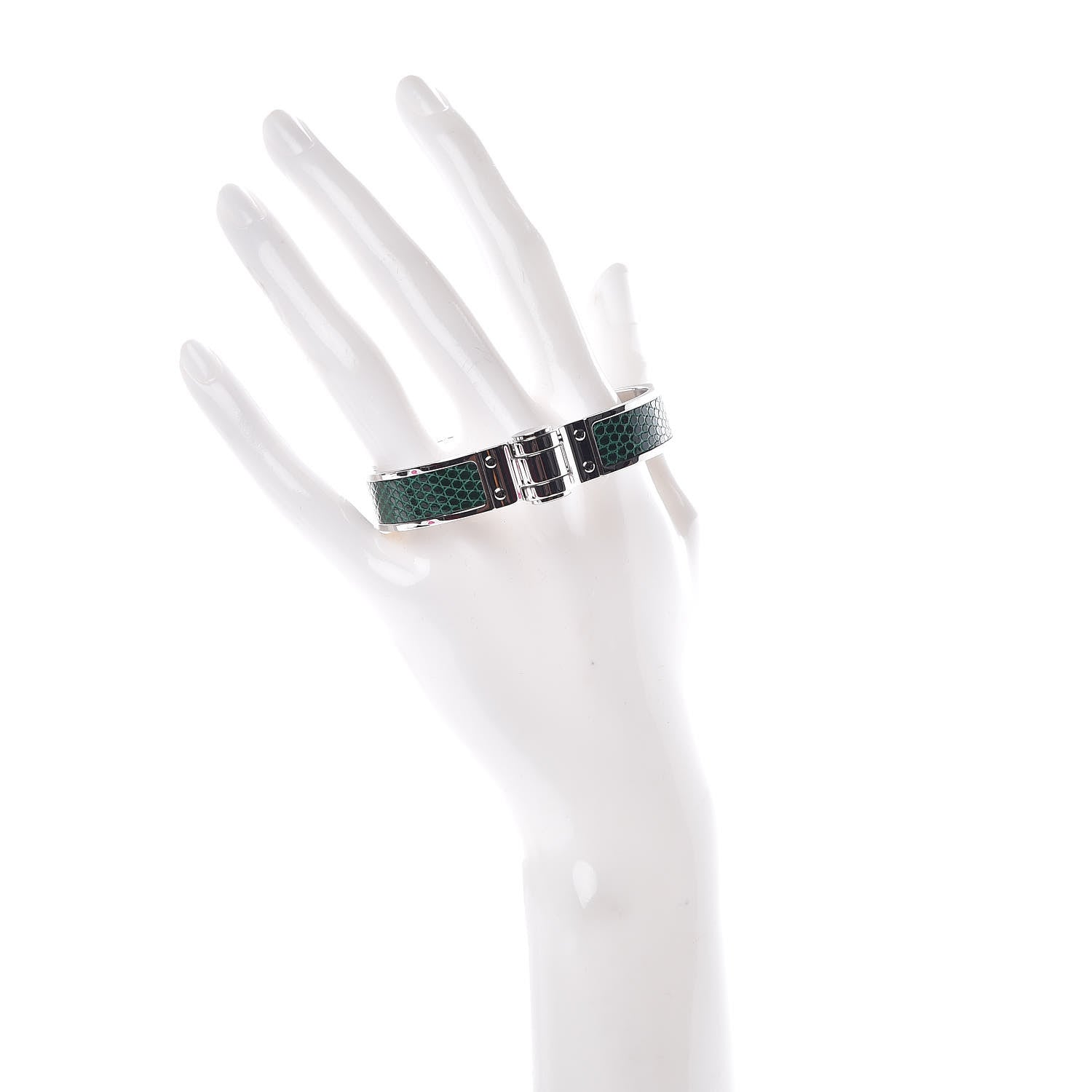 Hermes Lizard Charniere Cuir Narrow Hinged Bracelet S Vert Moyen 2 of 5