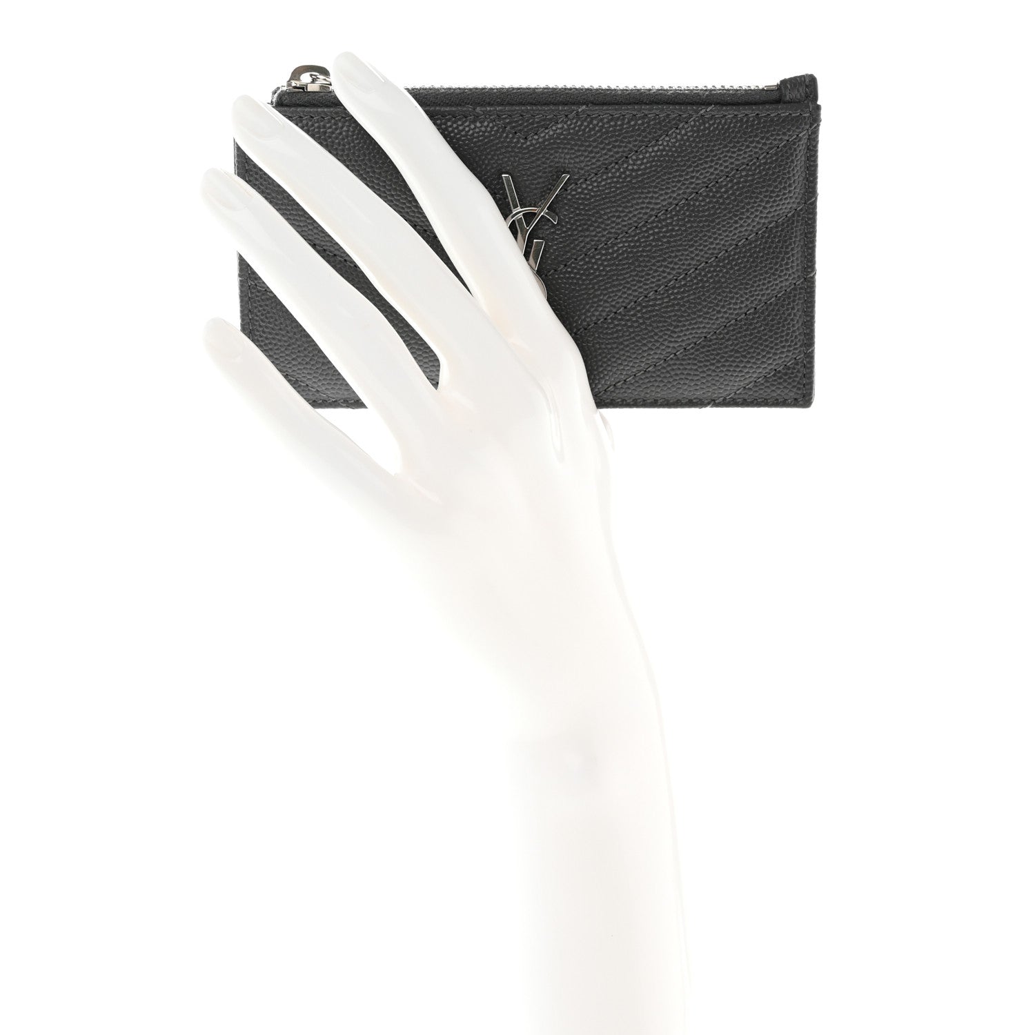 Saint Laurent Grain De Poudre Matelasse Chevron Monogram Fragments Zippered Card Case Coal 2 of 9
