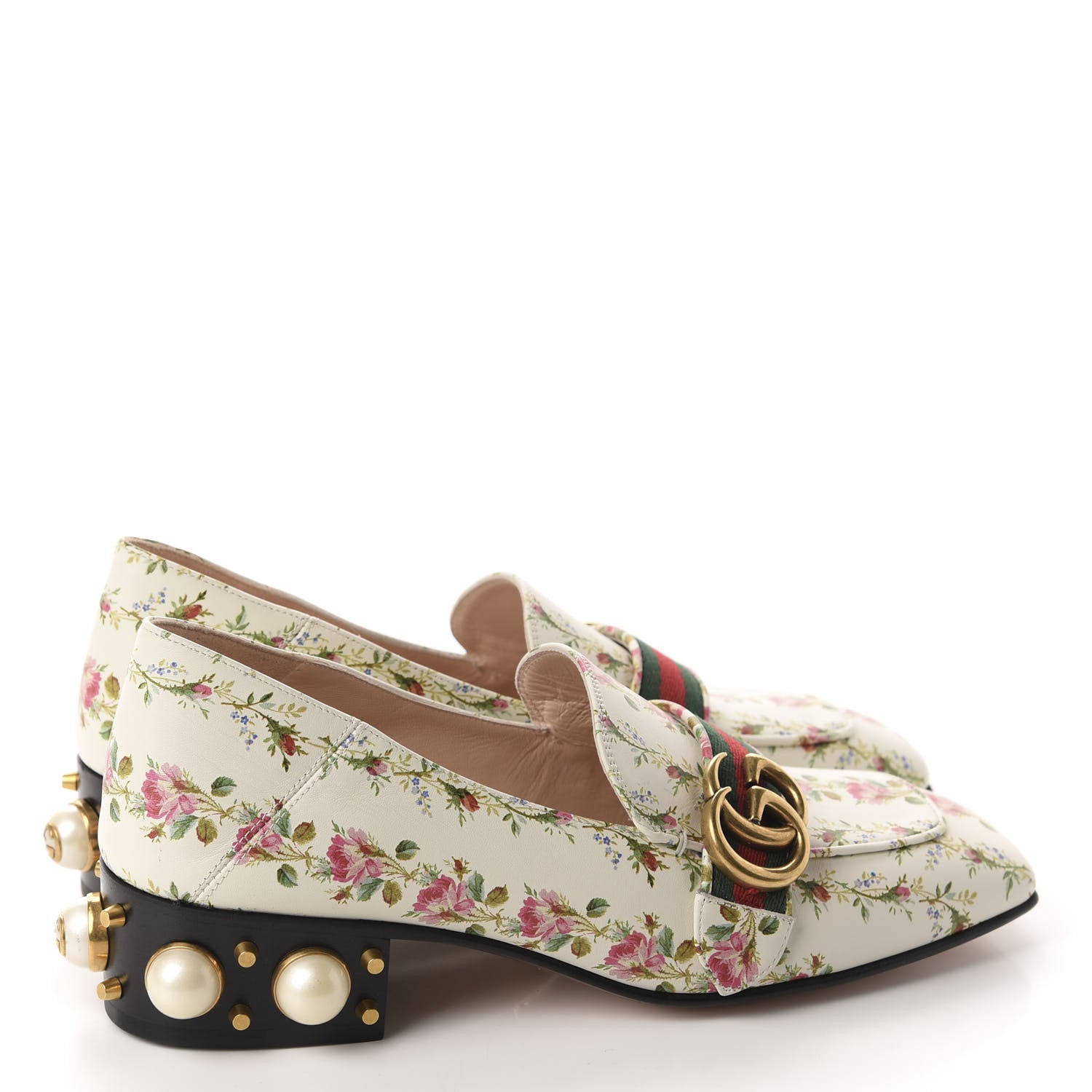 Gucci Calfskin Web Pearl Floral Embellished Peyton Loafer 38 White Multicolor 4 of 10