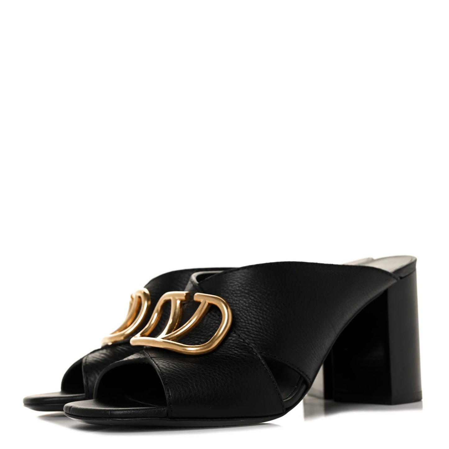 Grainy Cowhide VLogo Mid Heel Slide Sandals 39.5 Black