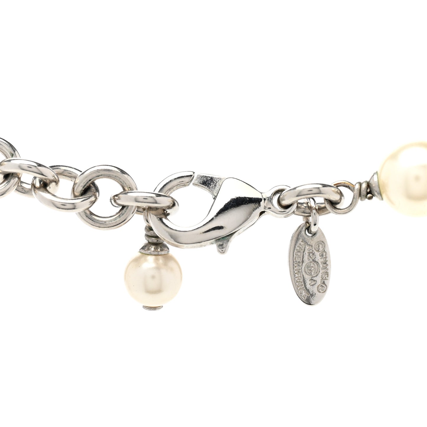 Graduated Pearl Crystal CC Long Necklace Silver