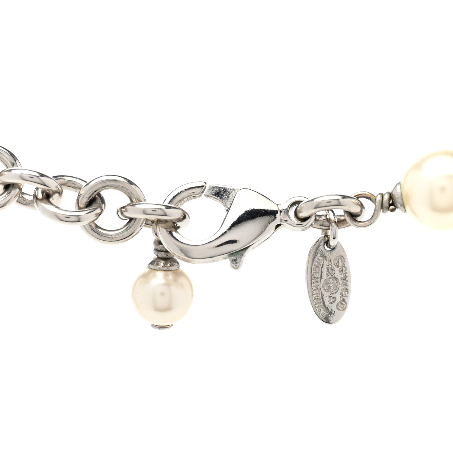 Chanel Graduated Pearl Crystal CC Long Necklace Silver 5 of 6