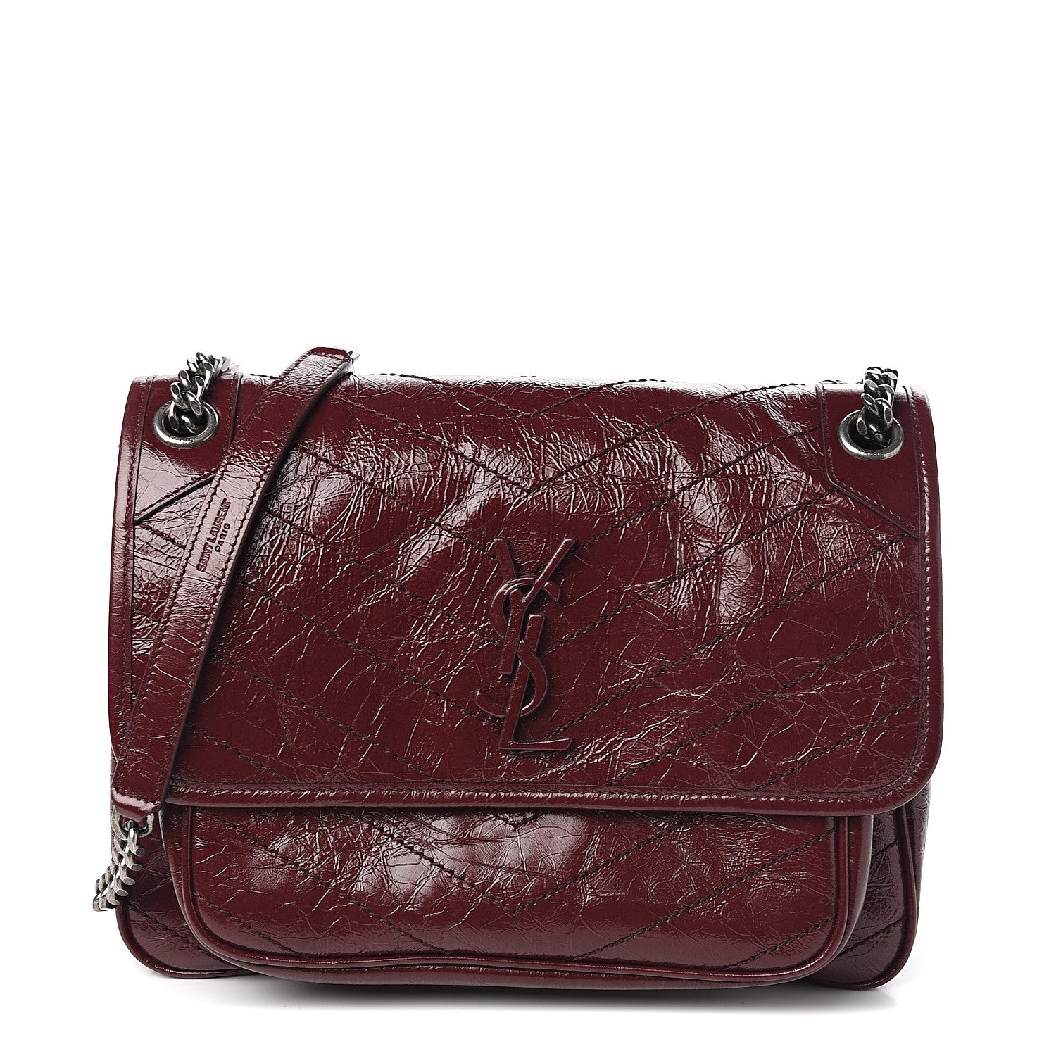Saint Laurent Crinkled Calfskin Matelasse Monogram Medium Niki Chain Satchel Burgundy 1 of 9