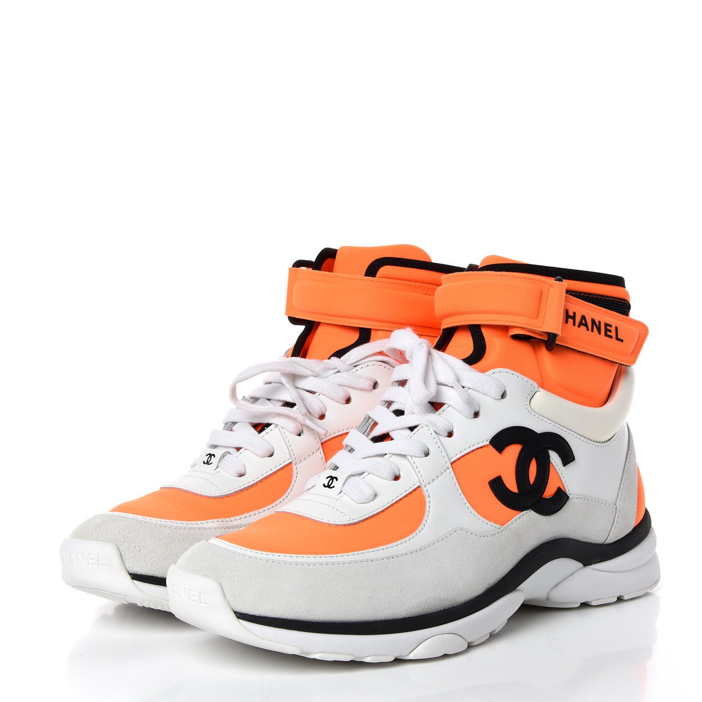 Suede Calfskin Lambskin Neoprene High Top CC Sneakers 38 White Fluo Orange