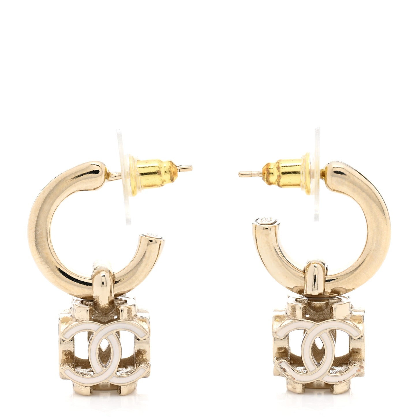 Enamel CC Cube Drop Earrings Gold White