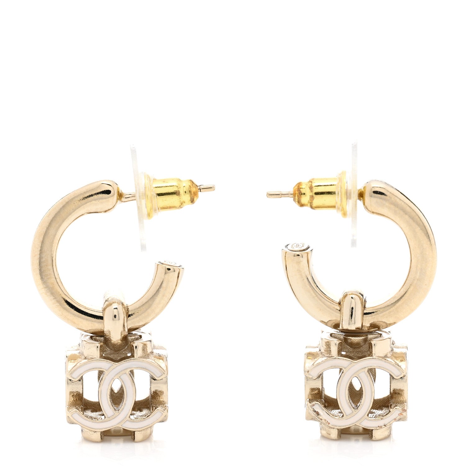 Chanel Enamel CC Cube Drop Earrings Gold White 5 of 6