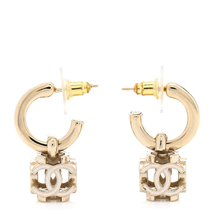 Chanel Enamel CC Cube Drop Earrings Gold White 5 of 6