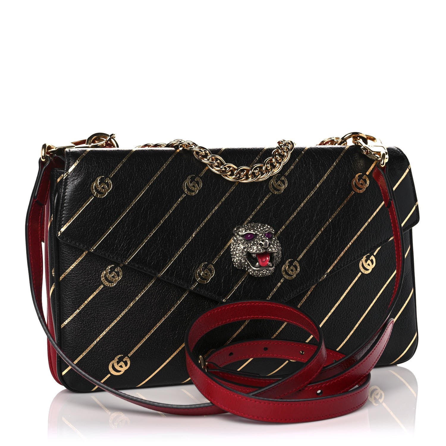 Gucci Calfskin Diagonal GG Medium Thiara Double Envelope Shoulder Bag Black Red 3 of 12