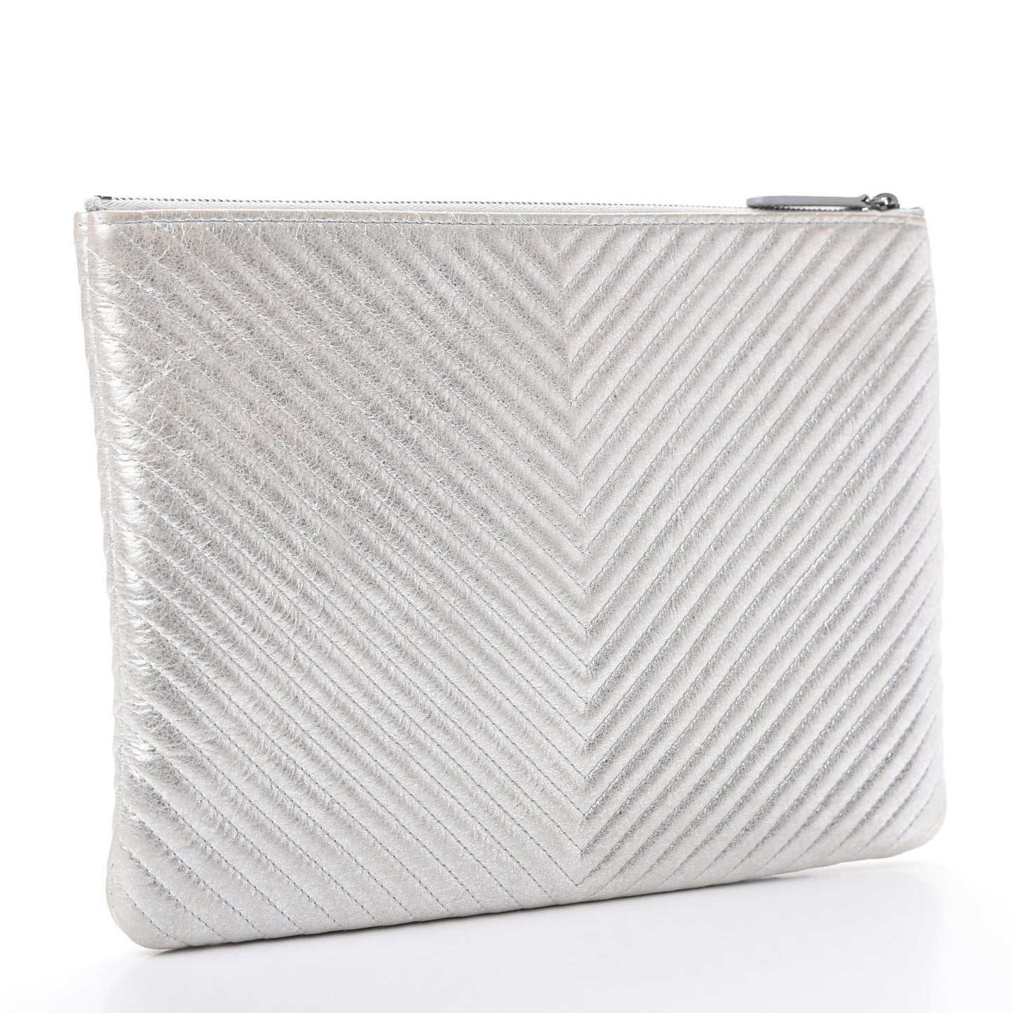 Metallic Calfskin Chevron Quilted Medium Cosmetic Case Silver