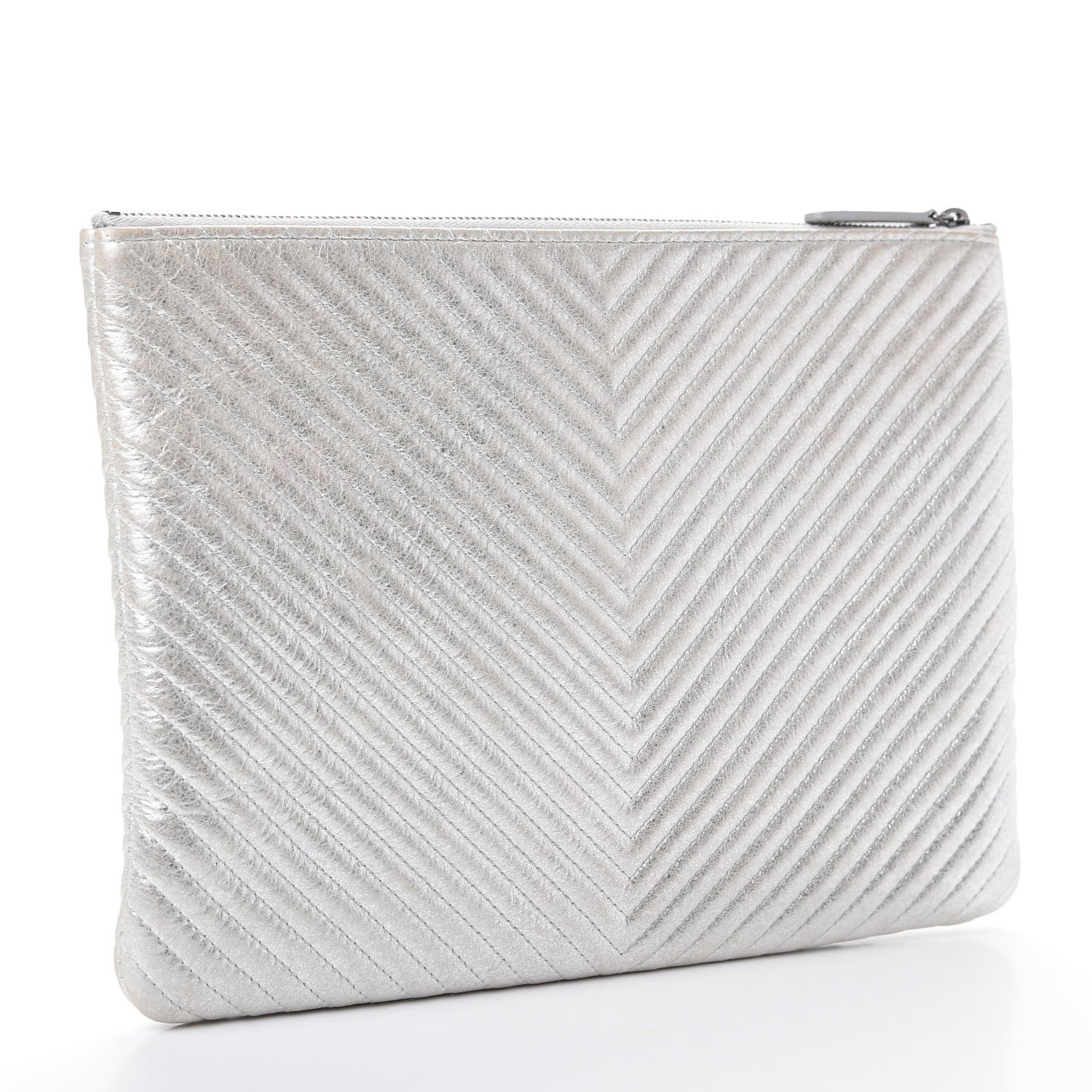 Chanel Metallic Calfskin Chevron Quilted Medium Cosmetic Case Silver 3 of 8