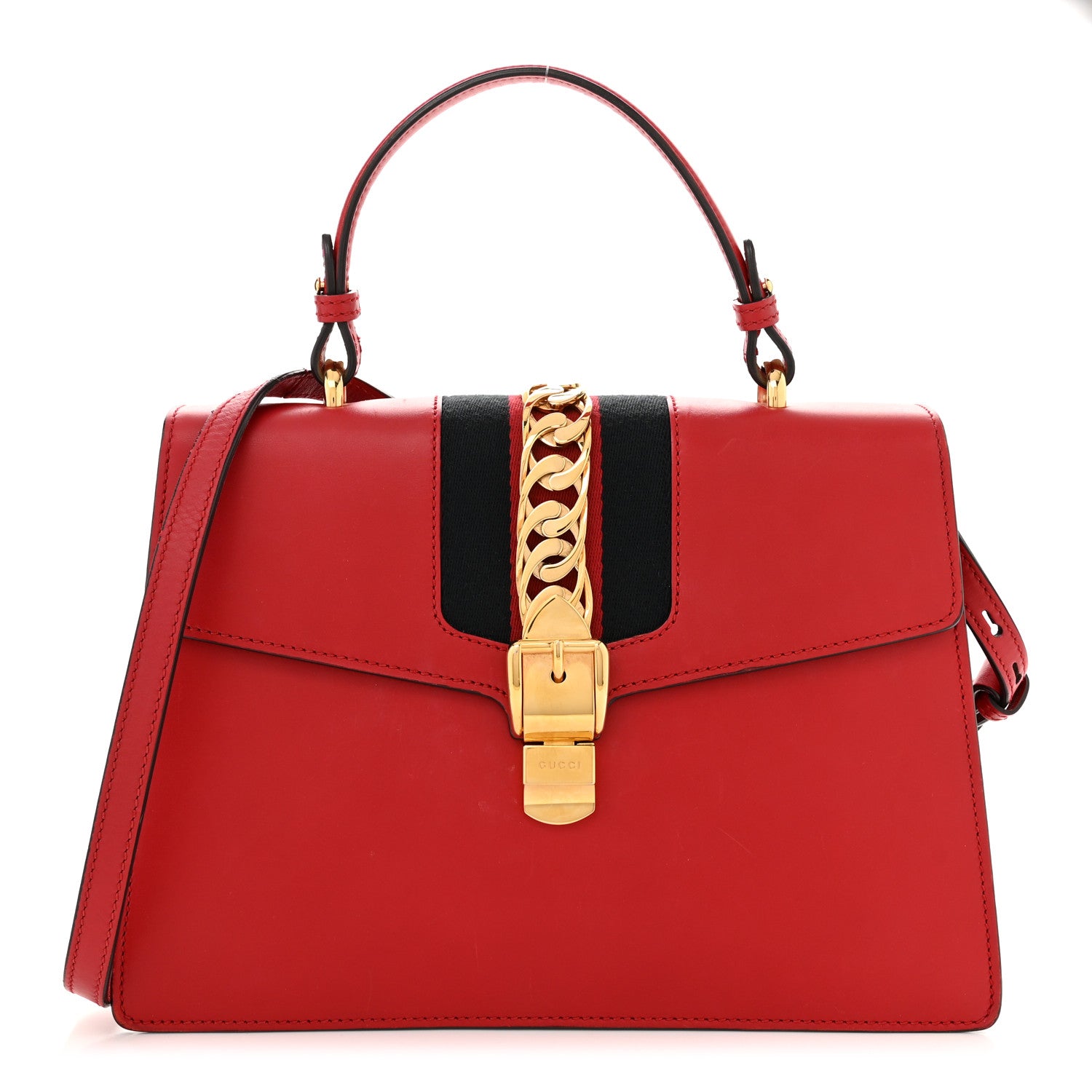 Gucci Calfskin Medium Sylvie Top Handle Bag Hibiscus Red 1 of 15