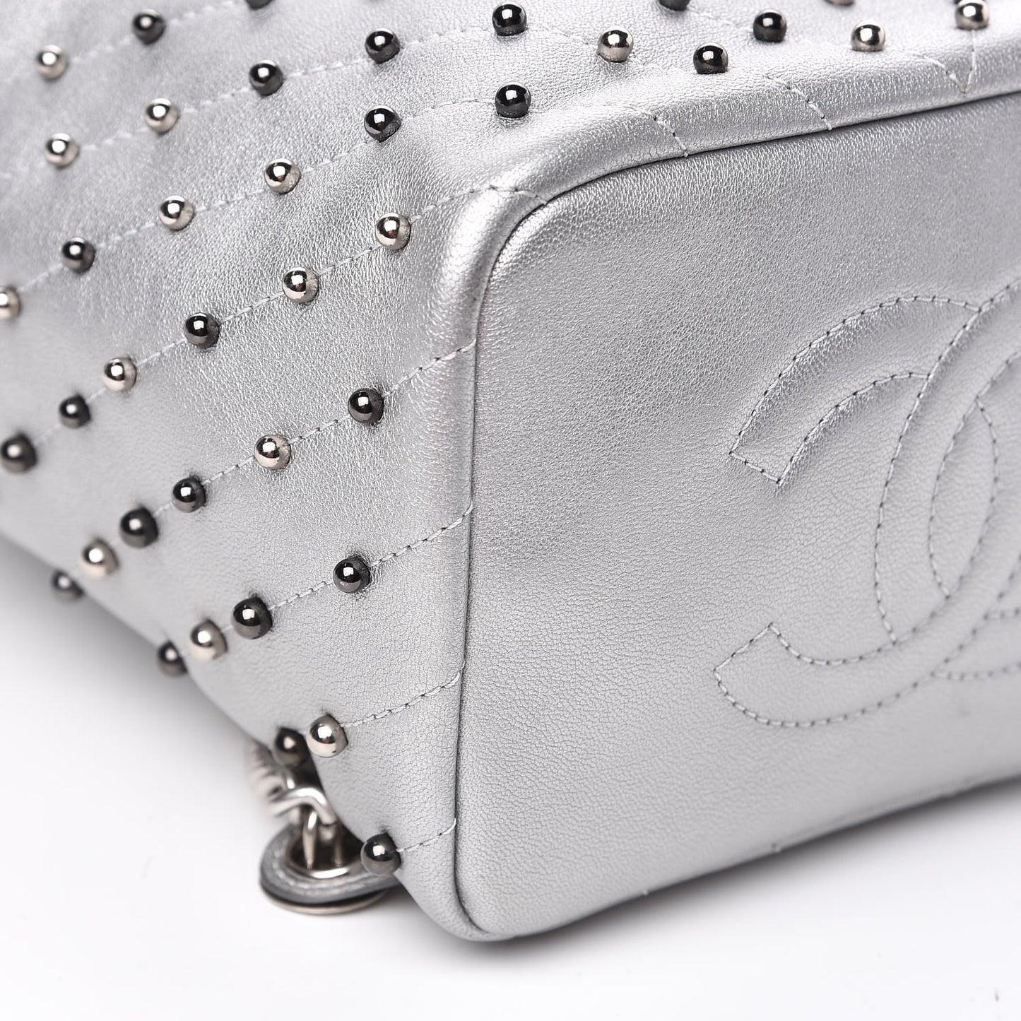 Metallic Lambskin Chevron Quilted Studded Stud Wars Backpack Silver