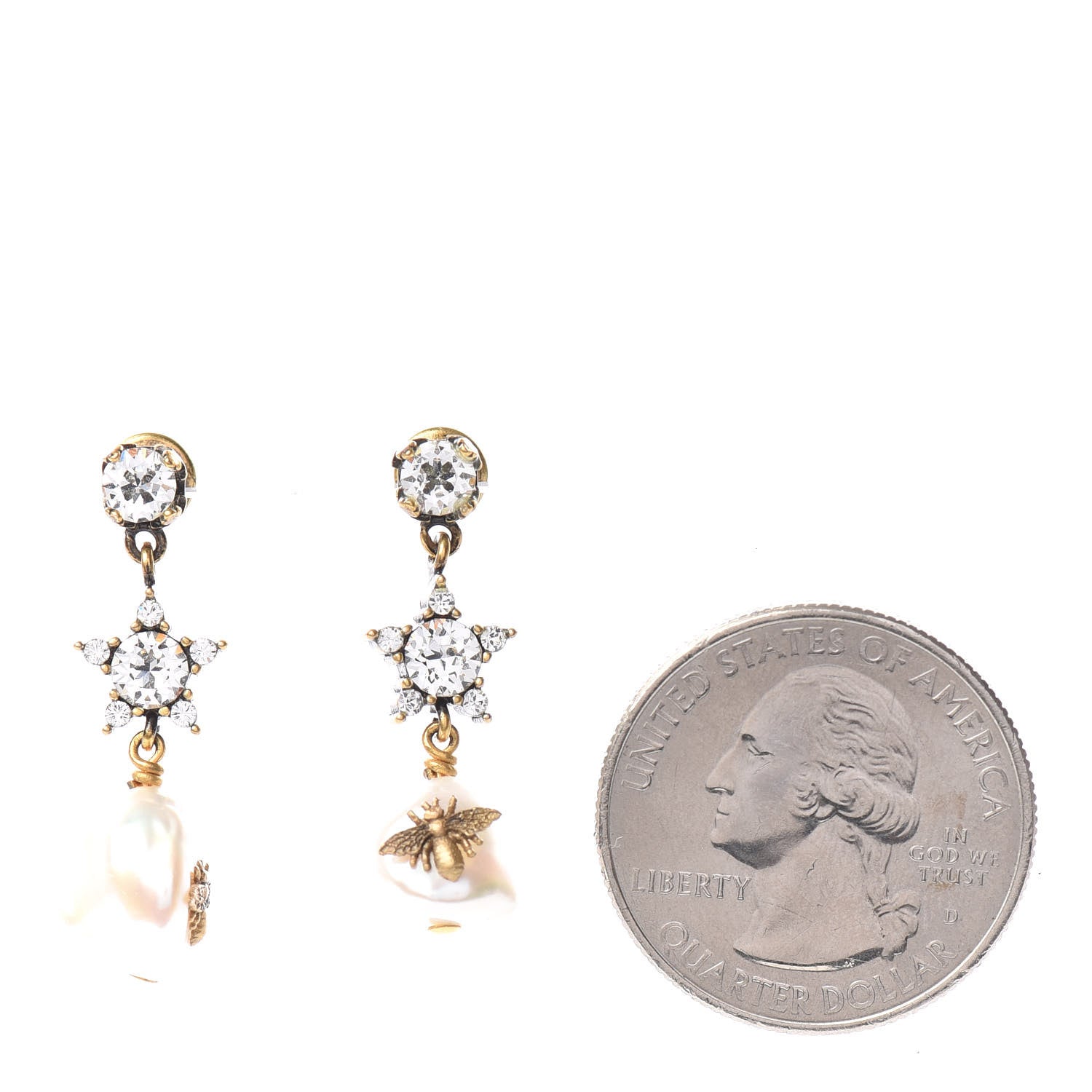 Christian Dior Crystal Pearl Star Bee Earrings Aged Gold 2 of 4